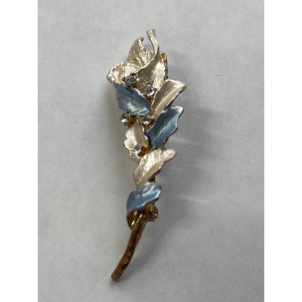 Vintage Floral Leaf Brooch Gold Tone Cream Blue Enamel Rhinestone Botanical Pin